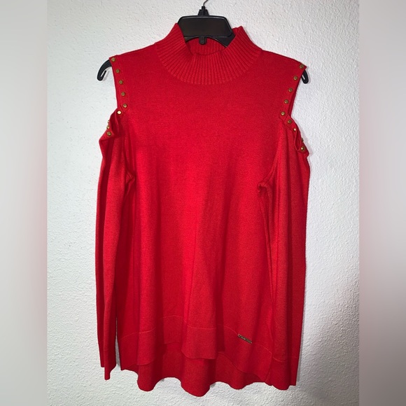 Michael Kors Red Holiday gold studded mock-neck cold shoulder Sweater L luxury - Picture 4 of 11